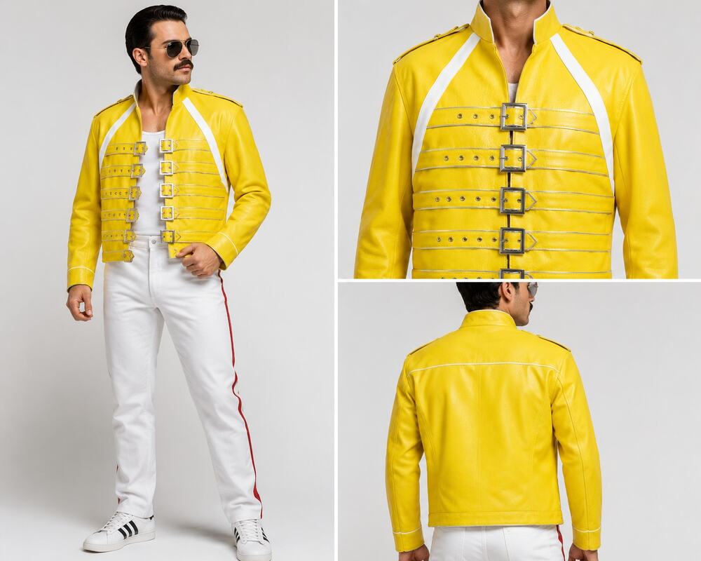 Freddie Mercury Inspired Yellow Military Moto Jacket Buckle Front Queen Rock